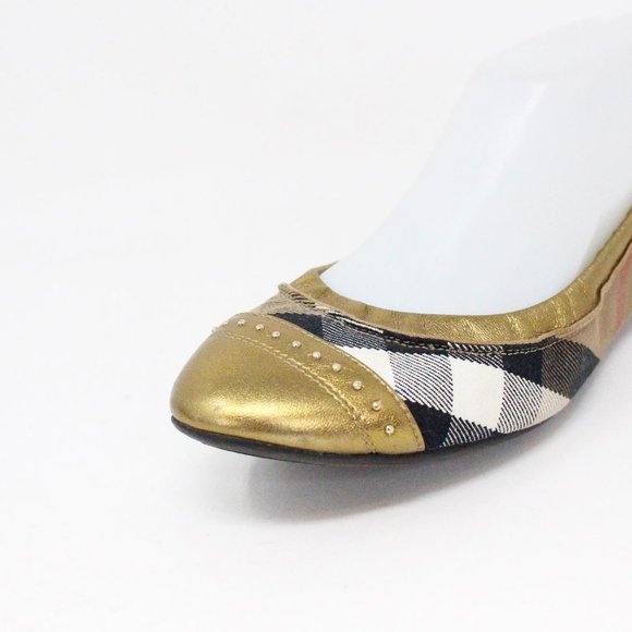 Burberry | Shoes | Burberry 36735 Check Print Gold Ballerina  BURBERRY #36735 Check Print & Gold Ballerina Flats (US 7 EU 37)
